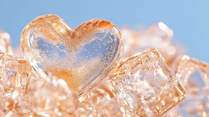 close up of heart shaped ice cube surrounded by clear ice cubes, creating refreshing and romantic atmosphere