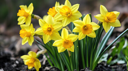 Obraz premium Bright yellow daffodils blooming in a garden