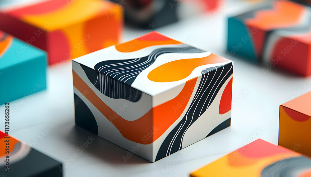 Poster abstract colorful cubes with swirls and lines. a single cube with an abstract design stands out amon