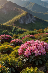 Fototapeta premium Magic pink rhododendron flowers on summer mountain
