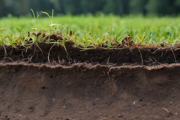 Fototapeta premium Soil profile showing grass roots and layers in a rural field during daylight hours