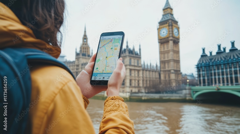 Poster Tourist using a navigation app on a tablet while enjoying the view of big ben and the houses of parliament in london, england, on a cloudy day, capturing the essence of urban travel