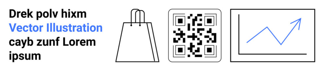 Shopping bag, QR code, and data analytics chart with placeholder text showcase e-commerce themes. Ideal for marketing, retail, online shopping, business analytics, digital interactions, mobile