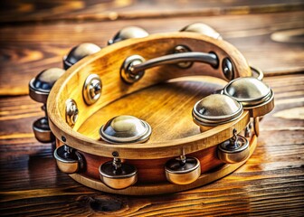 Obraz premium Vintage Wooden Tambourine with Metal Plates, Leg or Arm Worn Musical Instrument
