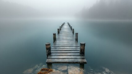 Foggy Lake Dock Extending into Mist with Eerie Atmosphere
