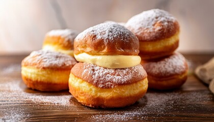 delicious bismark doughnuts filled with cream and topped with powdered sugar on a wooden table
