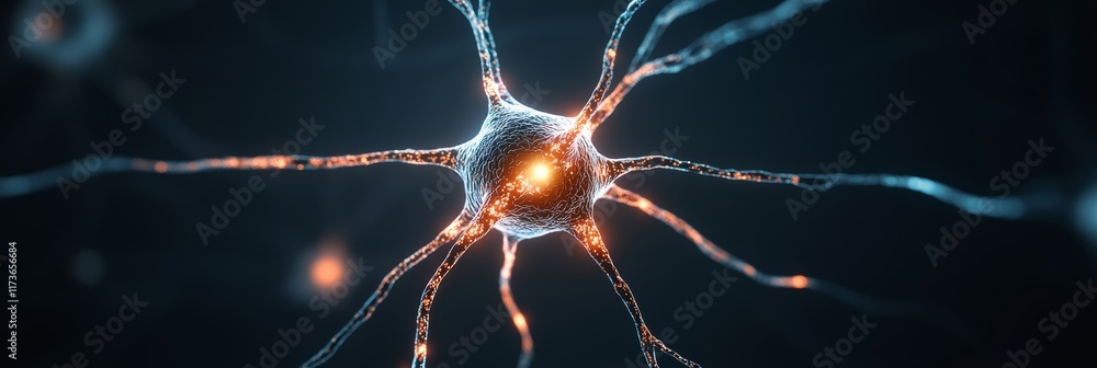 Poster Glowing neuron transmitting signals within the nervous system, illustrating the intricate workings of neural networks, brain function, and dynamic neurological activity