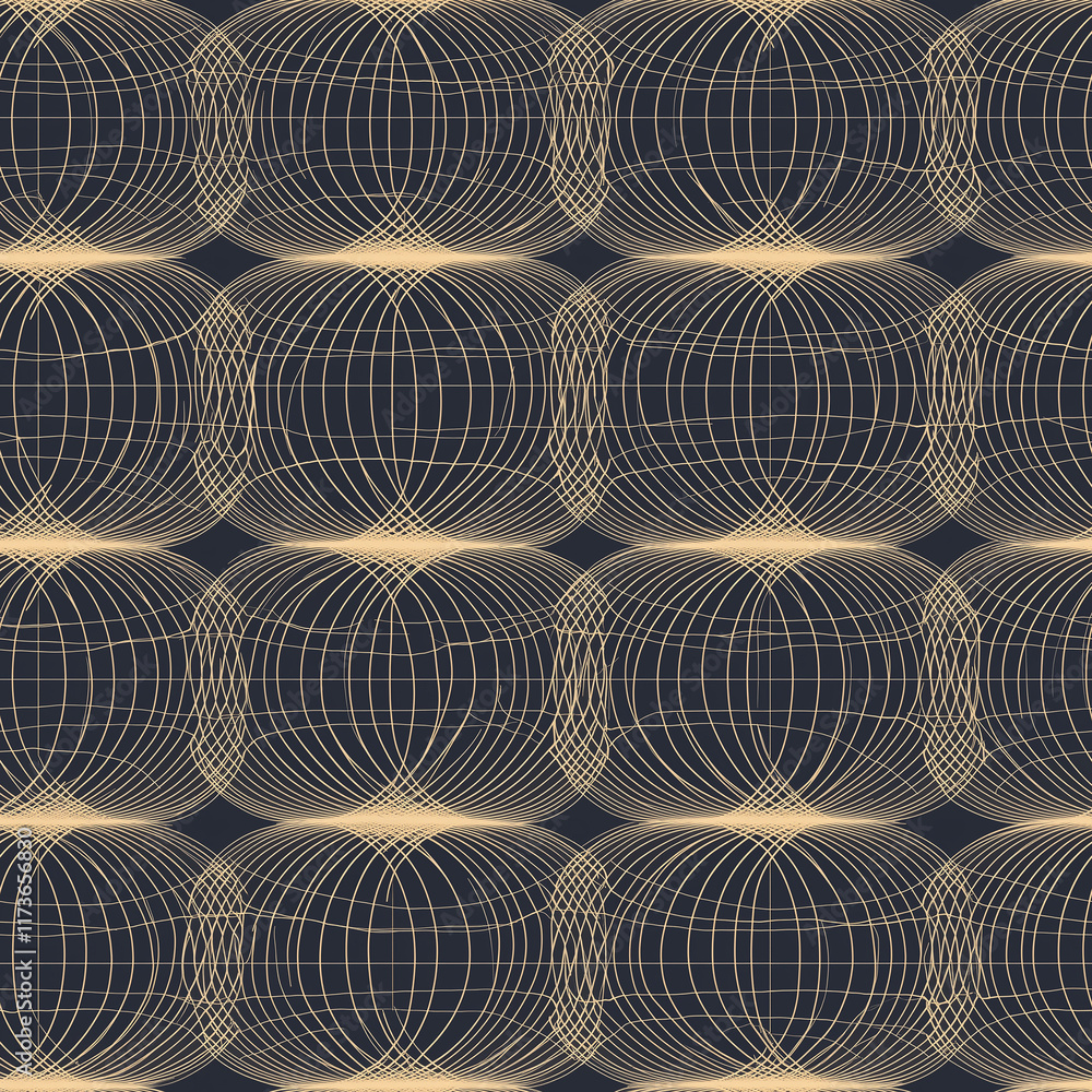 Poster geometric pattern featuring lines and curves in a dark background with gold accents, creating a mode