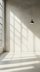Minimalist ceiling lamp casting shadows in spacious, empty room
