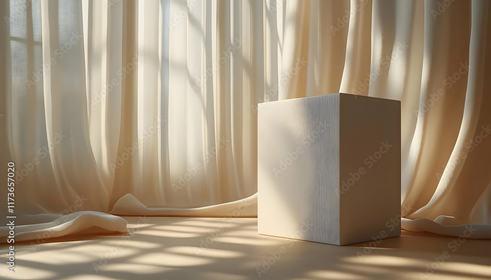 Poster minimalist beige product display on textured cube with sunlight streaming through sheer curtains.