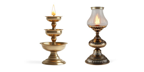 Traditional Brass Oil Lamp with Lit Wicks on a Transparent Background