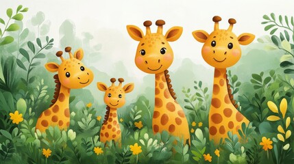Naklejka premium cute family of giraffes stands on a green meadow on a white background
