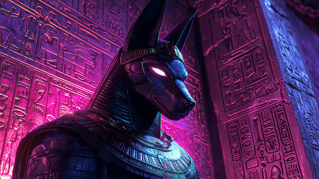 digital painting depicts Anubis the jackalheaded Egyptian god in a vibrant neonlit temple setting Intricate hieroglyphs adorn the walls The statues eyes glow intensely