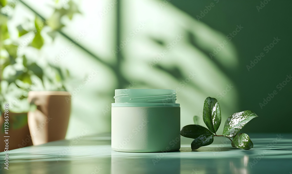 Poster a mint green jar with lid slightly ajar sits on a green table, next to a sprig of leaves. sunlight s