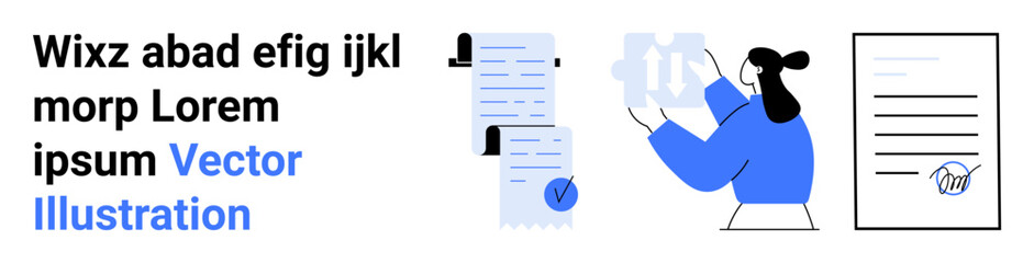 Business documents, bar graphs, and a female professional evaluating charts. Ideal for business analysis, presentations, reports, financial reviews, office settings, education, and landing pages