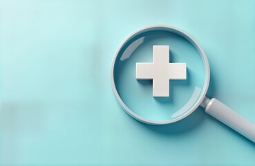 Fototapeta premium Magnifying glass displays plus sign. Medical health, value concepts. Modern design. Focus positive mindset. Healthcare illustration. Copy space. 3D render. Clean, simple design. High quality visual.
