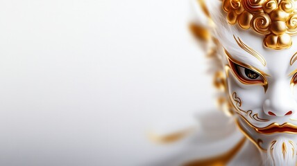 A close-up of an ornate mask featuring intricate details, golden accents, and a mysterious expression, set against a minimalistic background.