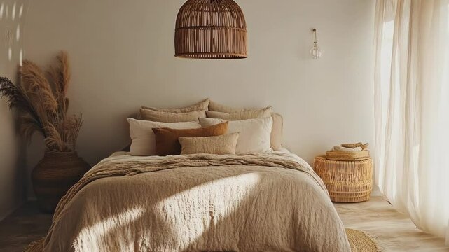 Cozy and modern bedroom design with natural textures and warm light in a minimalistic space