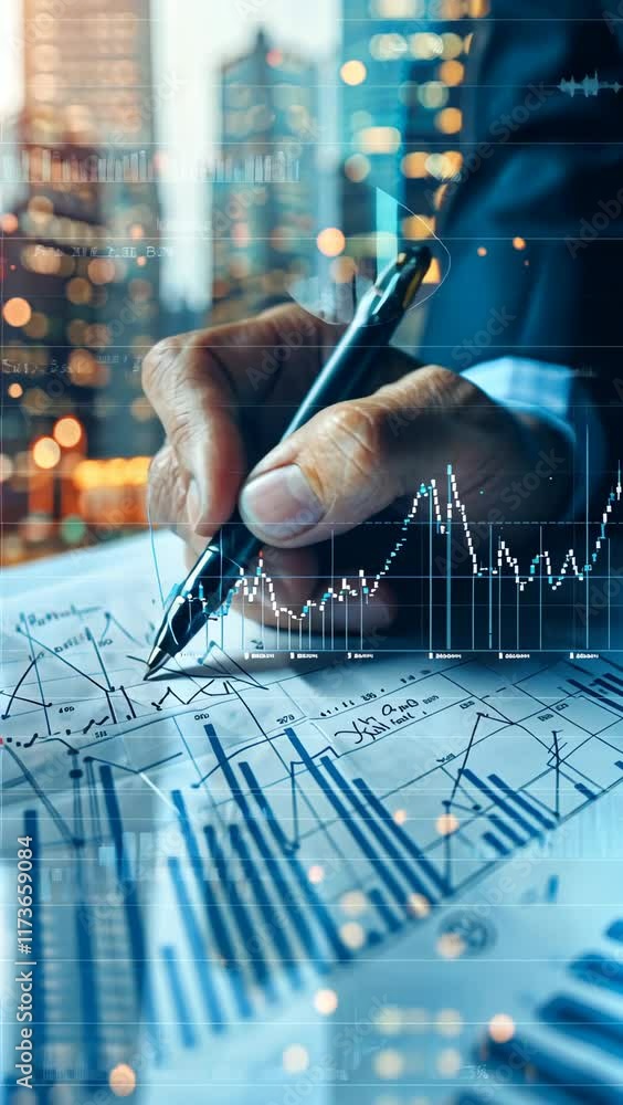Poster analyzing financial data with graphs and charts in an urban office environment during the day