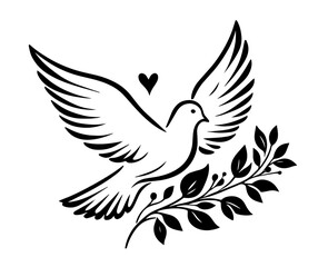 dove with olive branch and heart in black icon style design
