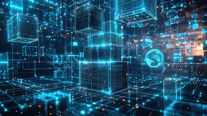 Naklejka premium Cargo Route Concept. Futuristic digital landscape with glowing blue cubes and data streams.