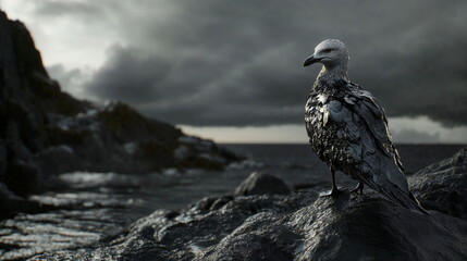 Fototapeta premium Oil-covered seagull standing on rocky shore under stormy sky, symbolizing impact of pollution and need for wildlife protection, ideal for environmental campaigns and educational content