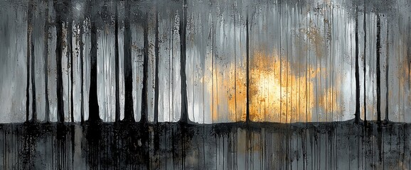 Abstract forest sunset landscape painting.