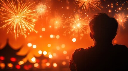 A silhouette watches vibrant fireworks against a dark sky, creating a festive atmosphere filled with colorful sparks and lights.