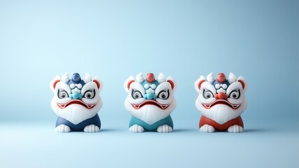 Obraz premium Three colorful decorative lion figurines with distinct expressions placed on a light blue background, symbolizing culture and tradition.