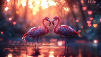 dreamy pink flamingos amidst lush forest and soft focus bokeh
