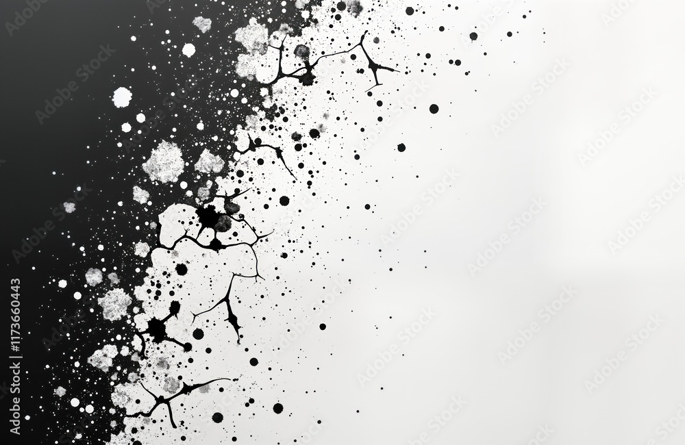 Poster abstract grunge background features black, white ink splatters, cracks. intense splattering effect c