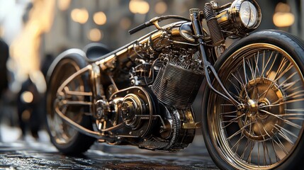 Magnificent Golden Custom Motorcycle in Urban Setting