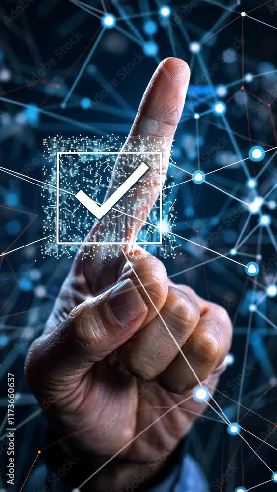Poster interactive hand gesture signaling approval amidst a digital network background