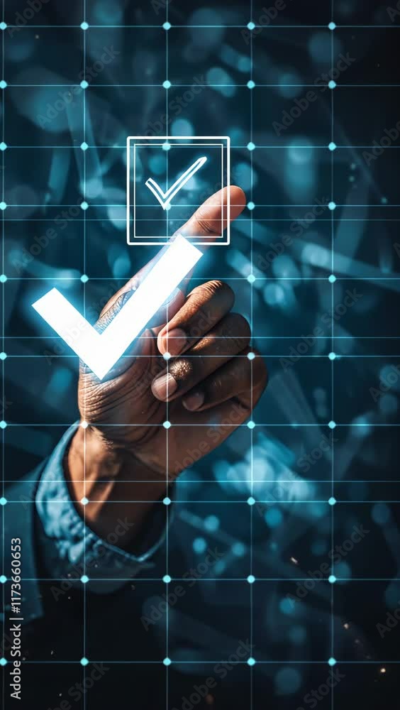 Poster hand pressing check mark on digital interface represents technology and decision-making in a modern 
