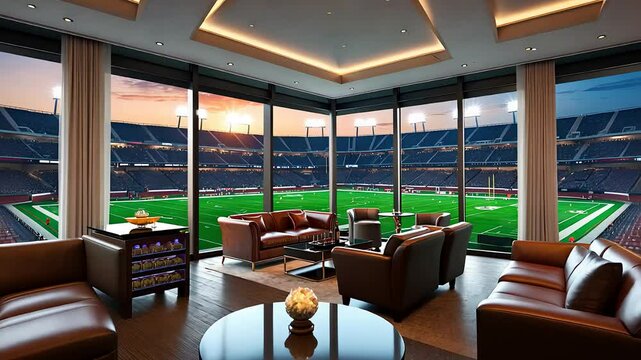Luxury Stadium Suite Overlooking a Football Field with Comfortable Seating, Modern Interiors, and Panoramic Views


