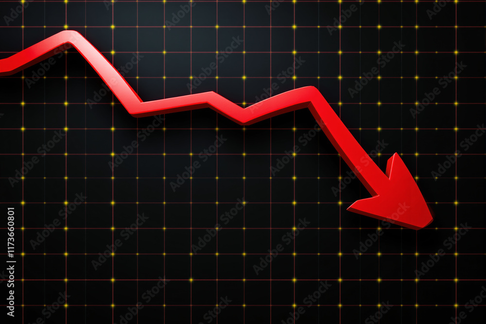 Poster graph showing downward trend with red arrow on dark background.