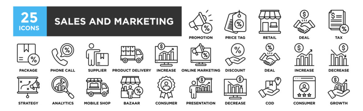 Sales And Marketing icon collection set. Containing design Promotion, Price Tag, Retail, Deal, Tax