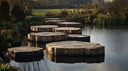 Serene Stepping Stones Across Calm Pond in Garden