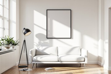 Minimalist living room interior with blank vertical frame above white sofa on wooden floor, bright natural light through large windows.
