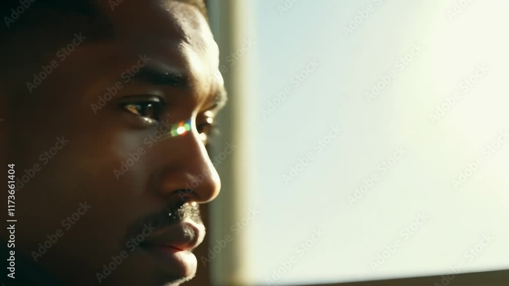 Aufkleber man is sitting in front of a window, looking out at the sun. scene is contemplative and introspectiv