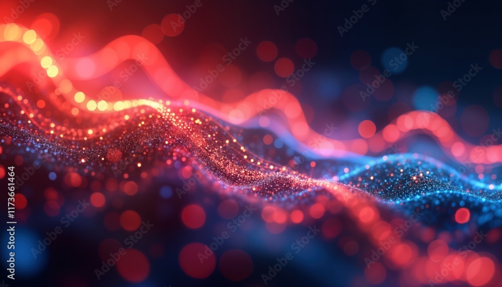 Poster abstract digital design with vibrant red, blue light streaks. dynamic glowing particles create wavy 