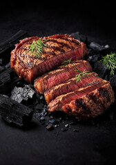 Sliced steak grilled on a dark surface sprinkled with charcoal and sea salt.