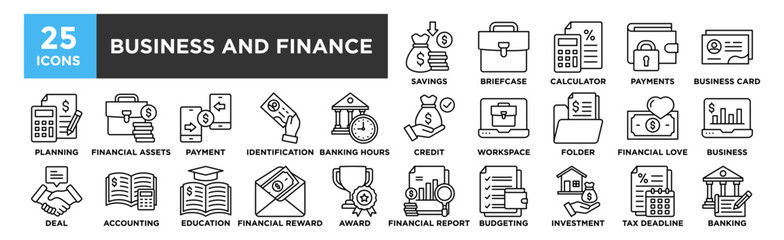 Business And Finance icon collection set. Containing design Savings, Briefcase, Calculator, Secure Payments, Business Card