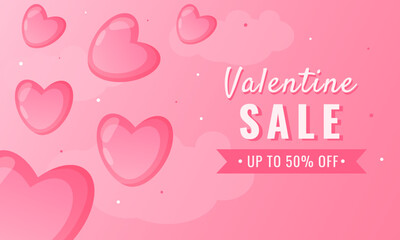 Valentines Day sale banner with pink hearts and discount offer. Vector illustration.