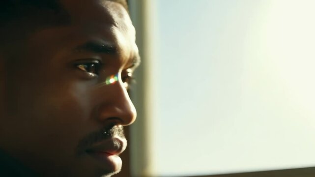 Man is sitting in front of a window, looking out at the sun. Scene is contemplative and introspective