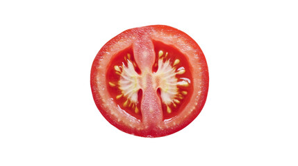 Fresh red tomato slice isolated on transparent background showing seeds and pulp