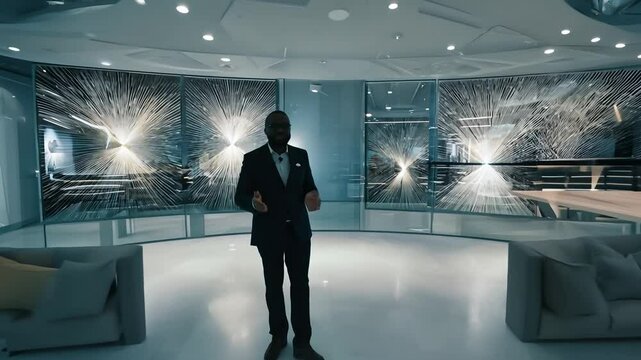 Man in a suit stands in front of a glass wall. The man is wearing a tie and is looking at the camera. Concept of professionalism and formality