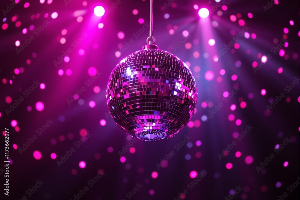 Poster disco ball with pink lights and glowing bokeh on dark background.