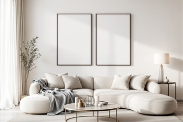Minimalist living room with beige sofa, decor, and blank frames on a bright wall.