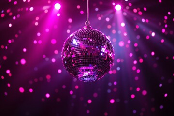 Obraz premium Disco ball with pink lights and glowing bokeh on dark background.